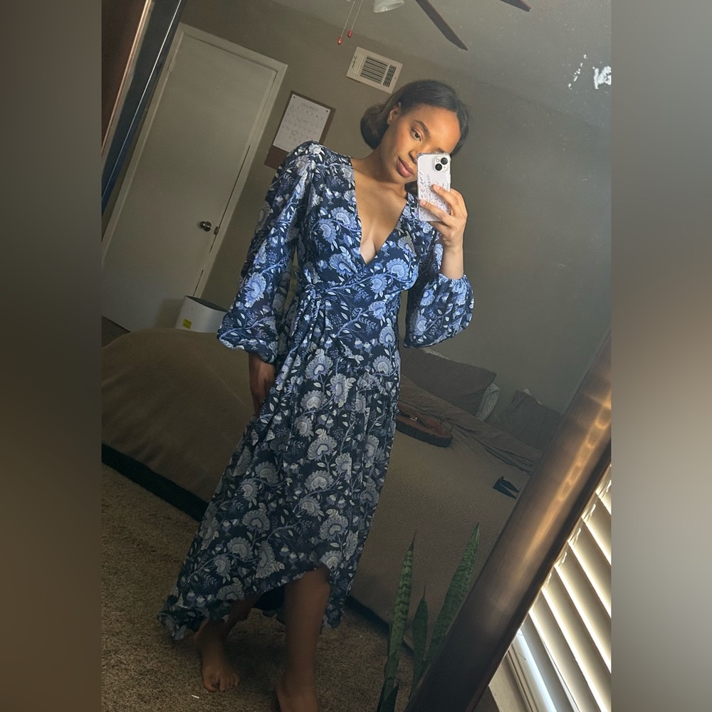 Anthropologie Navy Floral Long Sleeve Dress